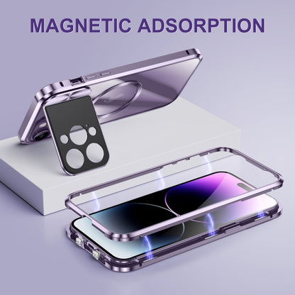 For iPhone 14 Large Window Holder MagSafe Magnetic Metal Phone Case(Blue) - iPhone 14 Cases by buy2fix | Online Shopping UK | buy2fix