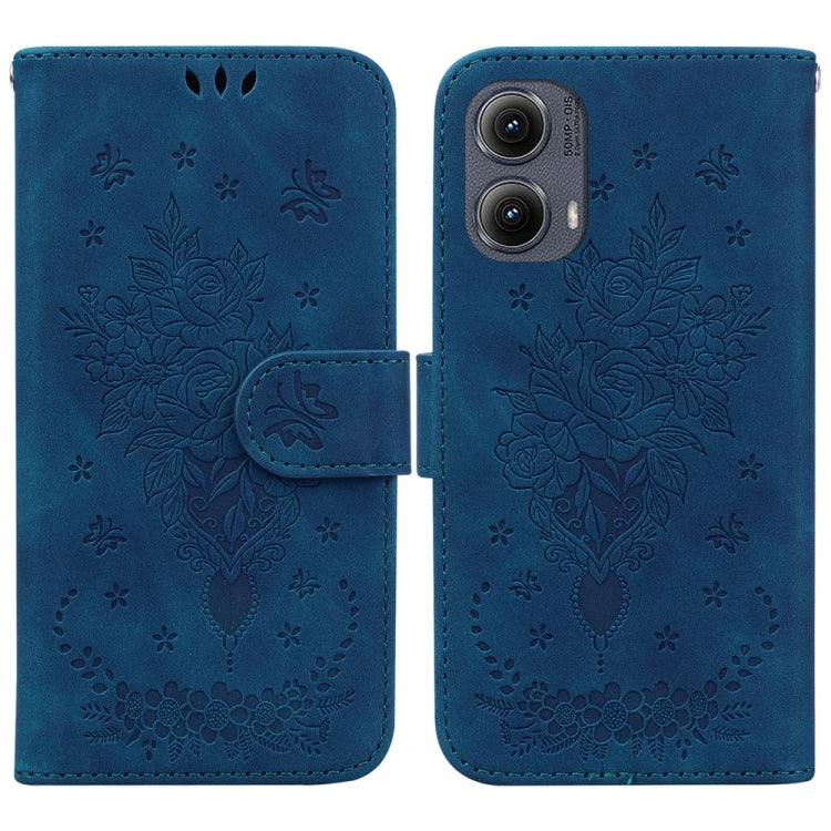 For Motorola Edge 2024 Butterfly Rose Embossed Leather Phone Case(Blue) - Motorola Cases by buy2fix | Online Shopping UK | buy2fix