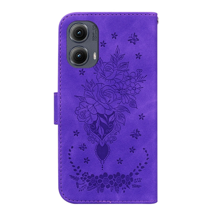 For Motorola Edge 2024 Butterfly Rose Embossed Leather Phone Case(Purple) - Motorola Cases by buy2fix | Online Shopping UK | buy2fix