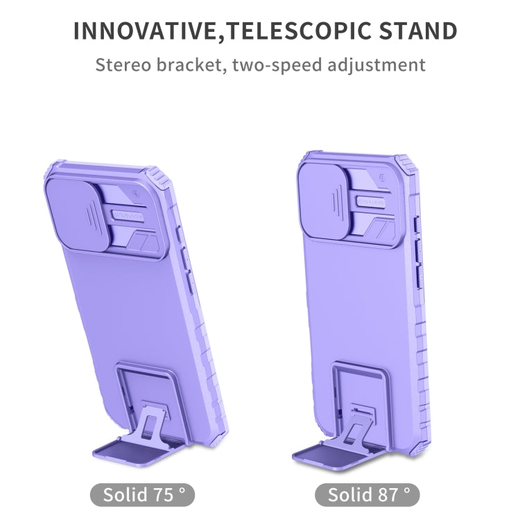 For iPhone 16 Stereoscopic Holder Sliding Camshield Phone Case(Purple) - iPhone 16 Cases by buy2fix | Online Shopping UK | buy2fix