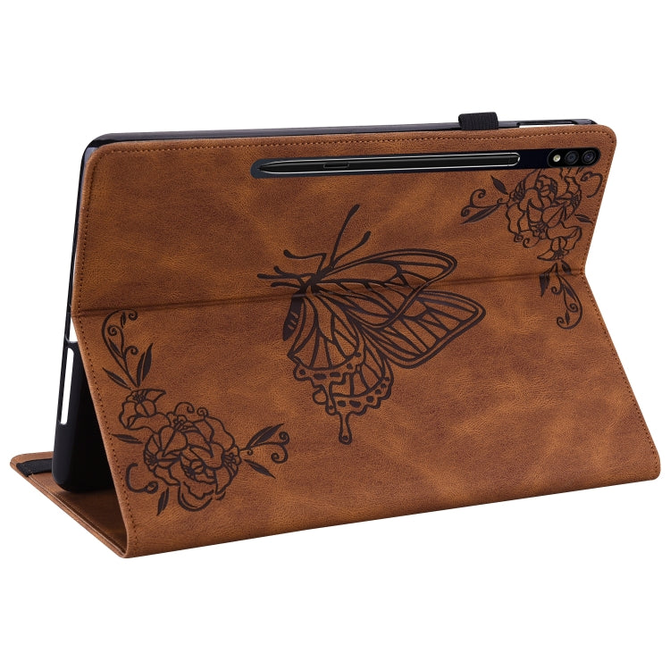 For Samsung Galaxy Tab S9 Butterfly Flower Embossed Leather Tablet Case(Brown) - Galaxy Tab S9 Cases by buy2fix | Online Shopping UK | buy2fix