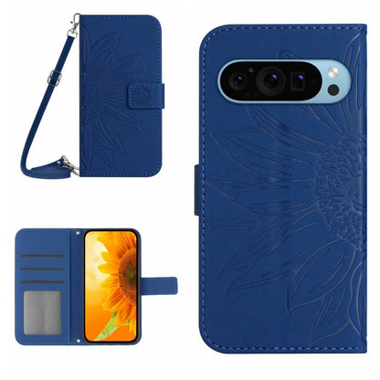 For Google Pixel 9 Skin Feel Sun Flower Embossed Flip Leather Phone Case with Lanyard(Dark Blue) - Google Cases by buy2fix | Online Shopping UK | buy2fix