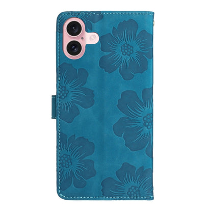 For iPhone 16 Flower Embossing Pattern Leather Phone Case(Blue) - iPhone 16 Cases by buy2fix | Online Shopping UK | buy2fix