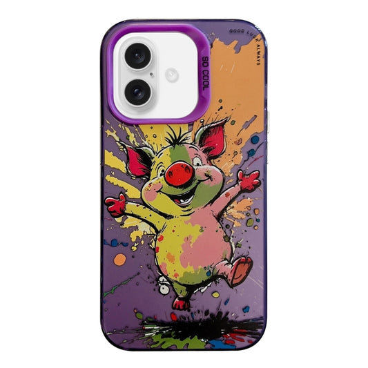 For iPhone 16 Animal Pattern Oil Painting Series PC + TPU Phone Case(Happy Pig) - iPhone 16 Cases by buy2fix | Online Shopping UK | buy2fix