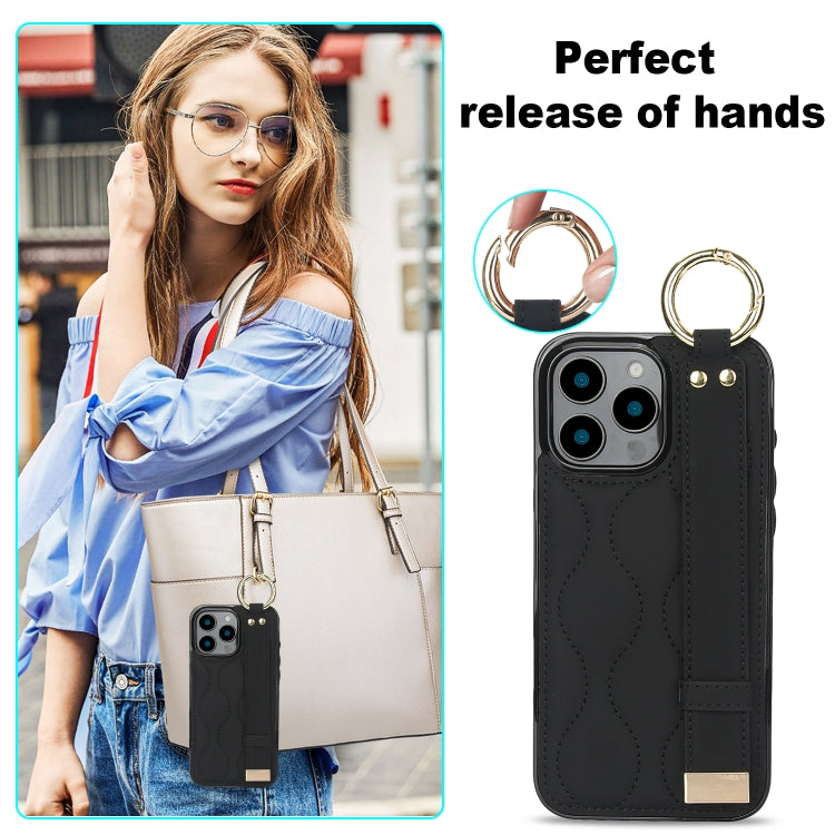 For iPhone 16 Pro Non-slip Full Coverage Ring PU Phone Case with Wristband(Black) - iPhone 16 Pro Cases by buy2fix | Online Shopping UK | buy2fix