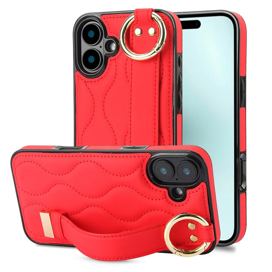 For iPhone 16 Non-slip Full Coverage Ring PU Phone Case with Wristband(Red) - iPhone 16 Cases by buy2fix | Online Shopping UK | buy2fix