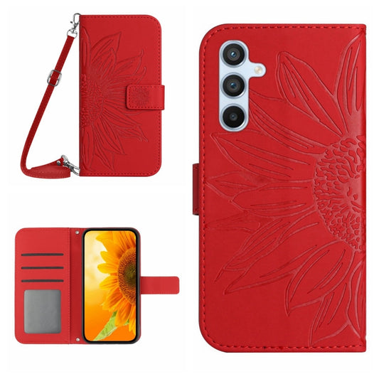 For Samsung Galaxy M55 5G Skin Feel Sun Flower Embossed Flip Leather Phone Case with Lanyard(Red) - Galaxy Phone Cases by buy2fix | Online Shopping UK | buy2fix