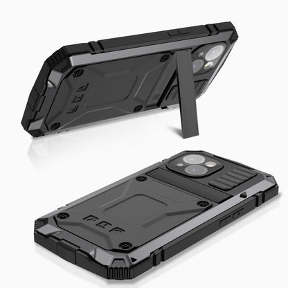 For iPhone 15 Plus R-JUST Shockproof Life Waterproof Dust-proof Metal + Silicone Phone Case with Holder(Black) - iPhone 15 Plus Cases by R-JUST | Online Shopping UK | buy2fix