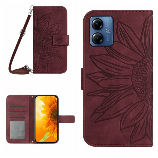 For Motorola Moto G54 HT04 Skin Feel Sun Flower Embossed Flip Leather Phone Case with Lanyard(Wine Red) - Motorola Cases by buy2fix | Online Shopping UK | buy2fix