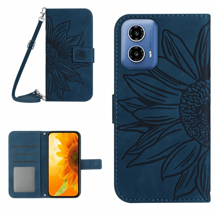 For Motorola Moto G Stylus 5G 2024 HT04 Skin Feel Sun Flower Embossed Flip Leather Phone Case with Lanyard(Inky Blue) - Motorola Cases by buy2fix | Online Shopping UK | buy2fix