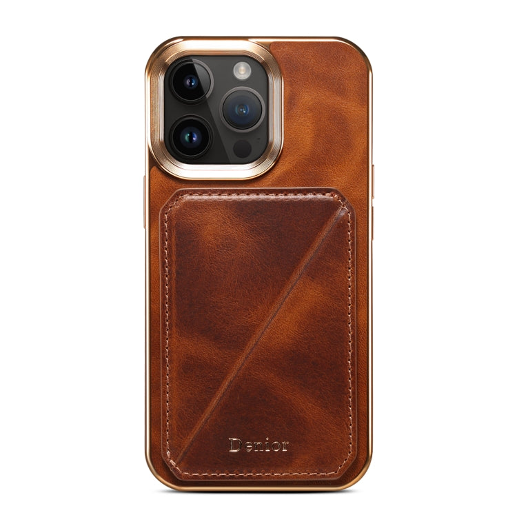 For iPhone 15 Pro Max Denior Oil Wax Leather Electroplating Card Slot Holder Phone Case(Brown) - iPhone 15 Pro Max Cases by Denior | Online Shopping UK | buy2fix