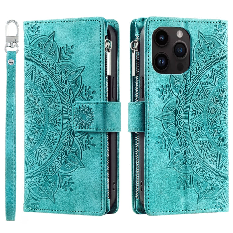 For iPhone 16 Pro Max Multi-Card Totem Zipper Leather Phone Case(Green) - iPhone 16 Pro Max Cases by buy2fix | Online Shopping UK | buy2fix