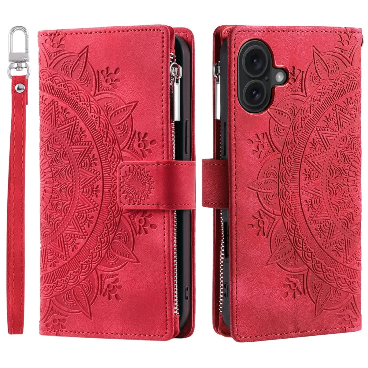 For iPhone 16 Plus Multi-Card Totem Zipper Leather Phone Case(Red) - iPhone 16 Plus Cases by buy2fix | Online Shopping UK | buy2fix