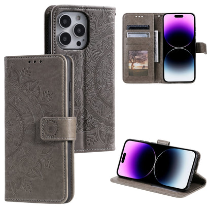 For iPhone 16 Pro Max Totem Flower Embossed Leather Phone Case(Grey) - iPhone 16 Pro Max Cases by buy2fix | Online Shopping UK | buy2fix