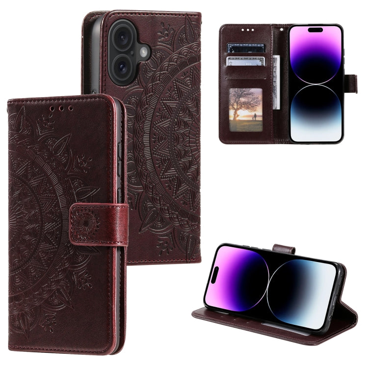 For iPhone 16 Plus Totem Flower Embossed Leather Phone Case(Brown) - iPhone 16 Plus Cases by buy2fix | Online Shopping UK | buy2fix