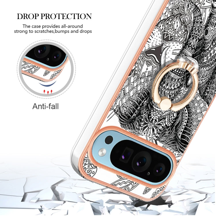 For Google Pixel 9 Pro XL Electroplating Dual-side IMD Phone Case with Ring Holder(Totem Elephant) - Google Cases by buy2fix | Online Shopping UK | buy2fix