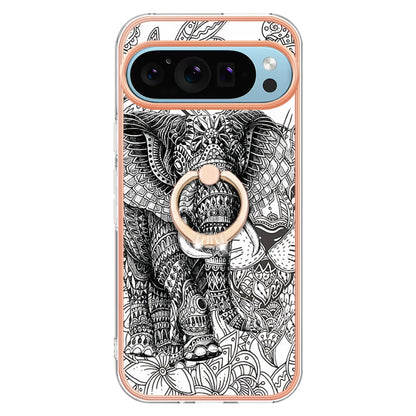 For Google Pixel 9 / 9 Pro Electroplating Dual-side IMD Phone Case with Ring Holder(Totem Elephant) - Google Cases by buy2fix | Online Shopping UK | buy2fix