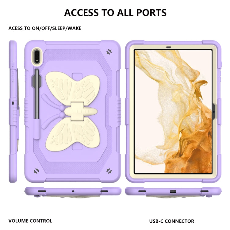 For Samsung Galaxy Tab S9+ Butterfly Kickstand Heavy Duty Hard Rugged Tablet Case(Beige+Raro Purple) - Galaxy Tab S9+ Cases by buy2fix | Online Shopping UK | buy2fix