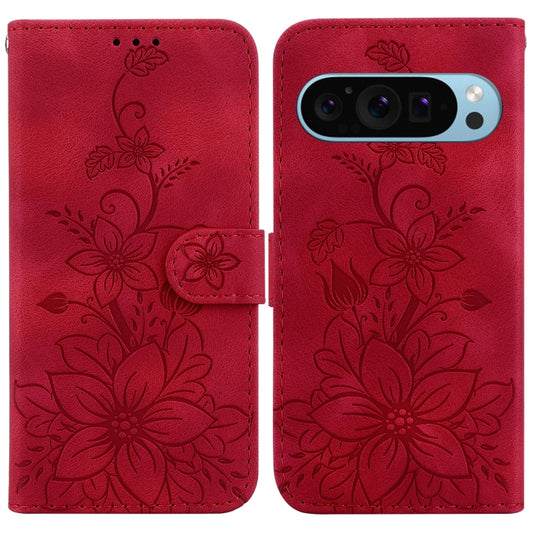 For Google Pixel 9 Lily Embossed Leather Phone Case(Red) - Google Cases by buy2fix | Online Shopping UK | buy2fix