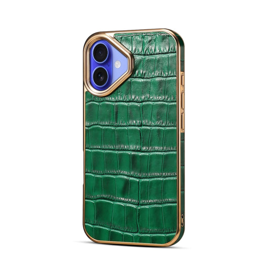 For iPhone 16 Denior Crocodile Texture Genuine Leather Electroplating Phone Case(Green) - More iPhone Cases by Denior | Online Shopping UK | buy2fix