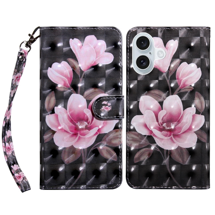 For iPhone 16 Plus 3D Painted Leather Phone Case(Pink Flower) - iPhone 16 Plus Cases by buy2fix | Online Shopping UK | buy2fix