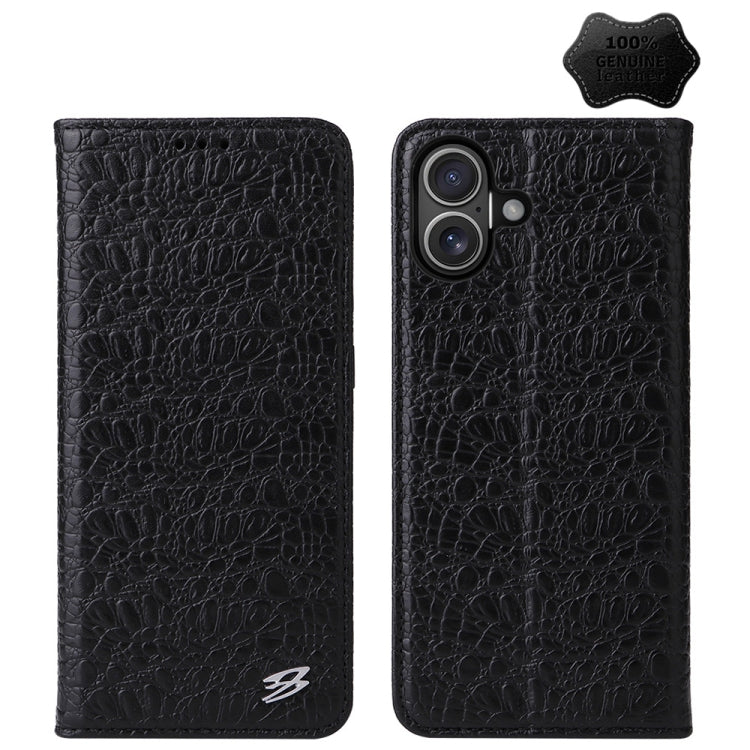 For iPhone 16 Plus Fierre Shann Crocodile Texture Magnetic Genuine Leather Phone Case(Black) - iPhone 16 Plus Cases by FIERRE SHANN | Online Shopping UK | buy2fix