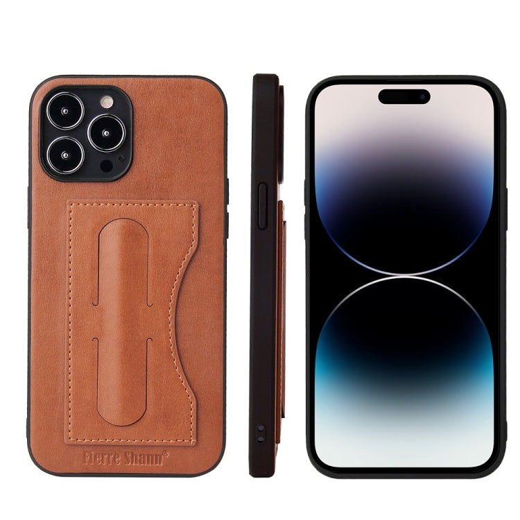 For iPhone 15 Pro Max Fierre Shann Holder Back Cover PU Phone Case(Brown) - iPhone 15 Pro Max Cases by FIERRE SHANN | Online Shopping UK | buy2fix