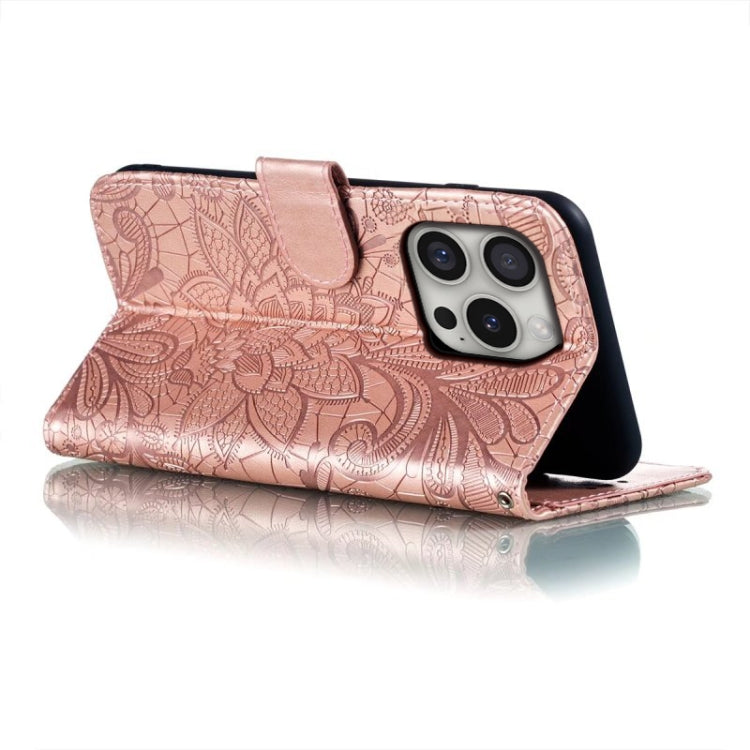 For iPhone 16 Pro Lace Flower Embossing Flip Leather Phone Case(Rose Gold) - iPhone 16 Pro Cases by buy2fix | Online Shopping UK | buy2fix