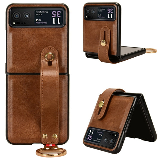 For Motorola Razr 40 Wristband Leather Back Phone Case(Brown) - Motorola Cases by buy2fix | Online Shopping UK | buy2fix