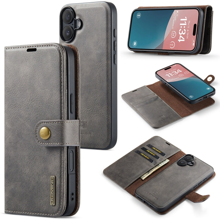 For iPhone 16 Plus DG.MING Crazy Horse Texture Detachable Magnetic Leather Phone Case(Grey) - iPhone 16 Plus Cases by DG.MING | Online Shopping UK | buy2fix