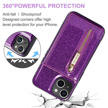 For iPhone 15 DG.MING M3 Series Glitter Powder Card Bag Leather Phone Case(Dark Purple) - iPhone 15 Cases by DG.MING | Online Shopping UK | buy2fix