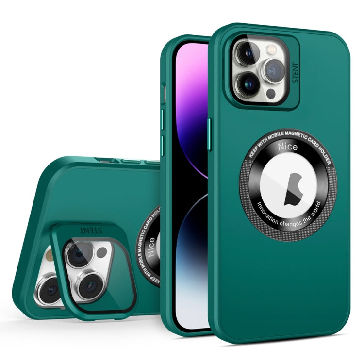 For iPhone 12 Pro Skin Feel Magnifier MagSafe Lens Holder Phone Case(Dark Green) - iPhone 12 / 12 Pro Cases by buy2fix | Online Shopping UK | buy2fix