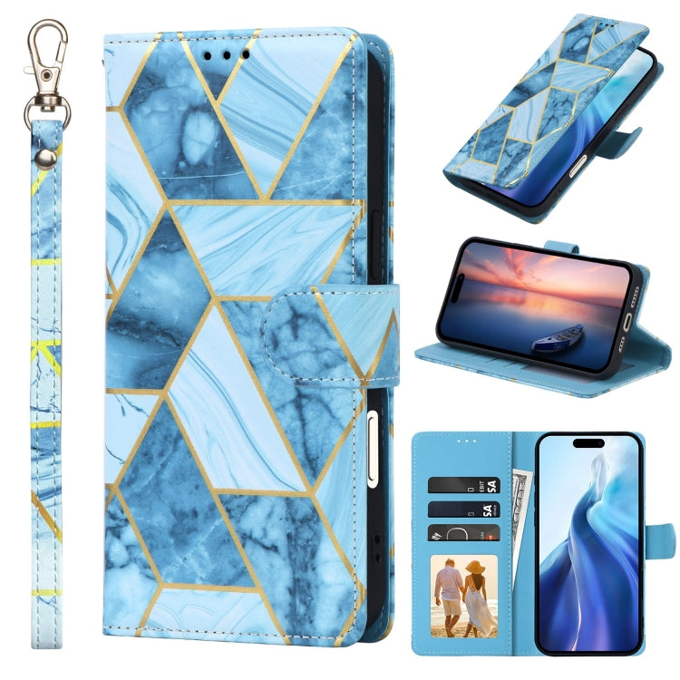 For iPhone 16 Plus Marble Bronzing Stitching Leather Phone Case(Blue) - iPhone 16 Plus Cases by buy2fix | Online Shopping UK | buy2fix