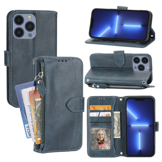 For iPhone 16 Pro Oil Skin Zipper Wallet Leather Phone Case(Blue) - iPhone 16 Pro Cases by buy2fix | Online Shopping UK | buy2fix