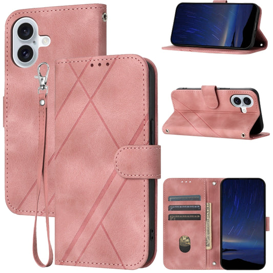 For iPhone 16 Embossed Line Leather Phone Case with Lanyard(Pink) - iPhone 16 Cases by buy2fix | Online Shopping UK | buy2fix