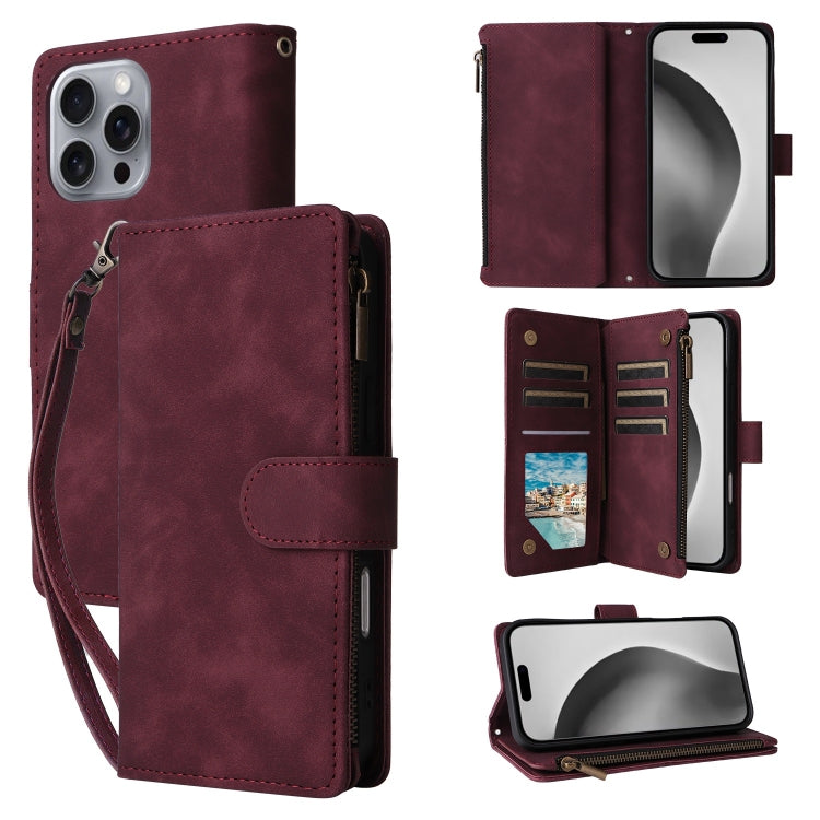 For iPhone 16 Pro Crossbody Multi-card Slot Wallet Zipper Leather Phone Case(Wine Red) - iPhone 16 Pro Cases by buy2fix | Online Shopping UK | buy2fix