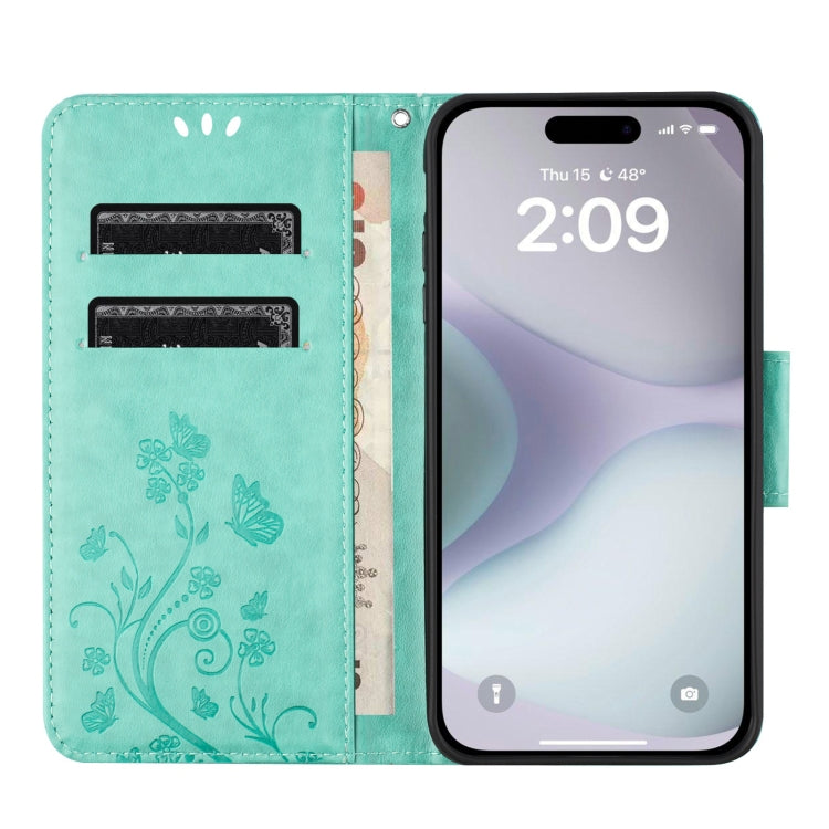 For iPhone 16 Plus Butterfly Flower Pattern Flip Leather Phone Case(Green) - iPhone 16 Plus Cases by buy2fix | Online Shopping UK | buy2fix