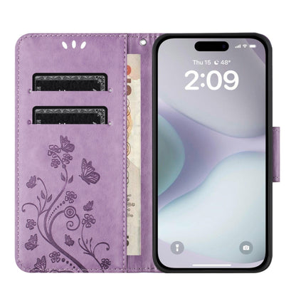 For iPhone 16 Butterfly Flower Pattern Flip Leather Phone Case(Light Purple) - iPhone 16 Cases by buy2fix | Online Shopping UK | buy2fix