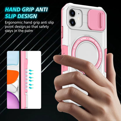 For iPhone 12 Sliding Camshield Magsafe Holder TPU Hybrid PC Phone Case(Pink White) - iPhone 12 / 12 Pro Cases by buy2fix | Online Shopping UK | buy2fix