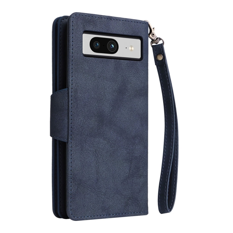 For Google Pixel 8 Rivet Buckle 9 Cards Three Fold Leather Phone Case(Blue) - Google Cases by buy2fix | Online Shopping UK | buy2fix