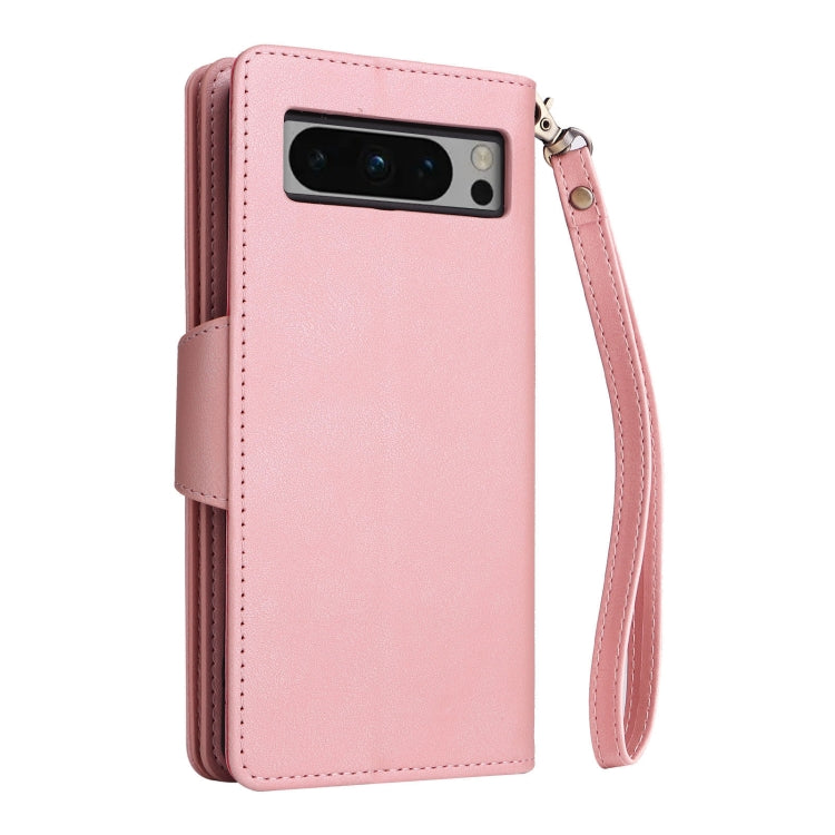 For Google Pixel 8 Pro Rivet Buckle 9 Cards Three Fold Leather Phone Case(Rose Gold) - Google Cases by buy2fix | Online Shopping UK | buy2fix