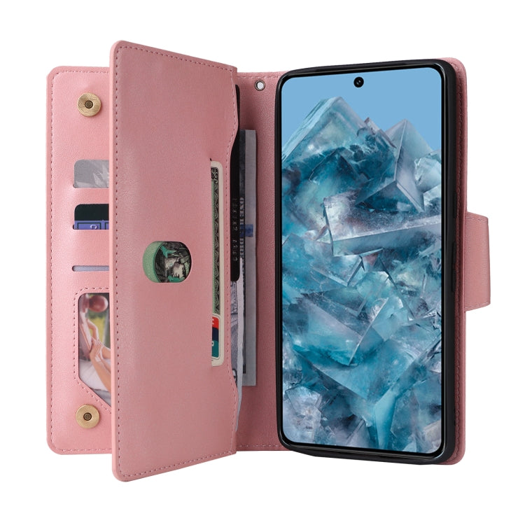 For Google Pixel 8a Rivet Buckle 9 Cards Three Fold Leather Phone Case(Rose Gold) - Google Cases by buy2fix | Online Shopping UK | buy2fix