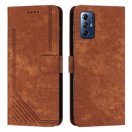 For Motorola Moto G Play 2024 Skin Feel Stripe Pattern Leather Phone Case with Lanyard(Brown) - Motorola Cases by buy2fix | Online Shopping UK | buy2fix