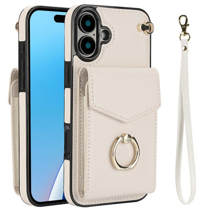 For iPhone 16 Plus Ring Holder RFID Card Slot Phone Case(Beige) - iPhone 16 Plus Cases by buy2fix | Online Shopping UK | buy2fix