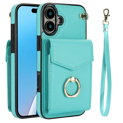 For iPhone 16 Plus Ring Holder RFID Card Slot Phone Case(Mint Green) - iPhone 16 Plus Cases by buy2fix | Online Shopping UK | buy2fix