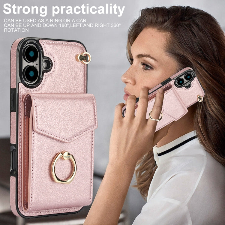 For iPhone 16 Ring Holder RFID Card Slot Phone Case(Rose Gold) - iPhone 16 Cases by buy2fix | Online Shopping UK | buy2fix