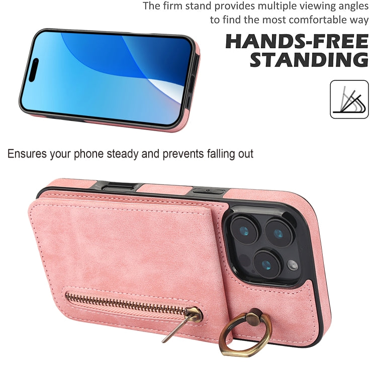 For iPhone 16 Pro Max Retro Ring and Zipper RFID Card Slot Phone Case(Pink) - iPhone 16 Pro Max Cases by buy2fix | Online Shopping UK | buy2fix