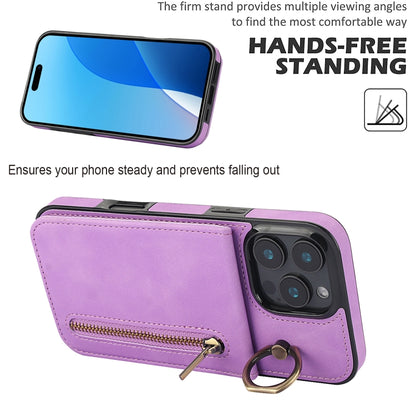 For iPhone 16 Pro Max Retro Ring and Zipper RFID Card Slot Phone Case(Purple) - iPhone 16 Pro Max Cases by buy2fix | Online Shopping UK | buy2fix