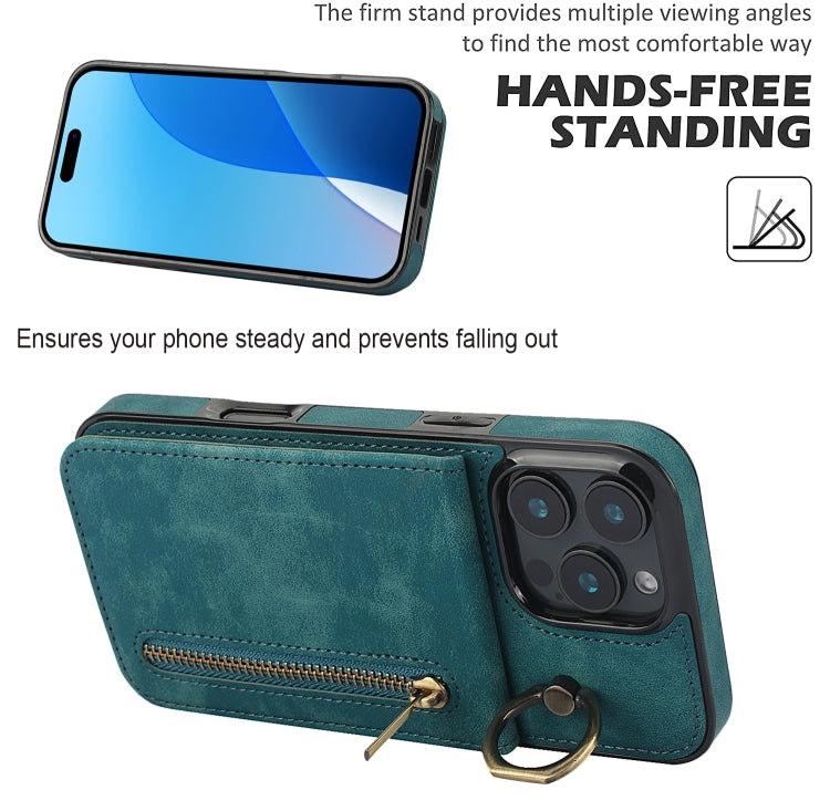 For iPhone 16 Pro Retro Ring and Zipper RFID Card Slot Phone Case(Blue) - iPhone 16 Pro Cases by buy2fix | Online Shopping UK | buy2fix