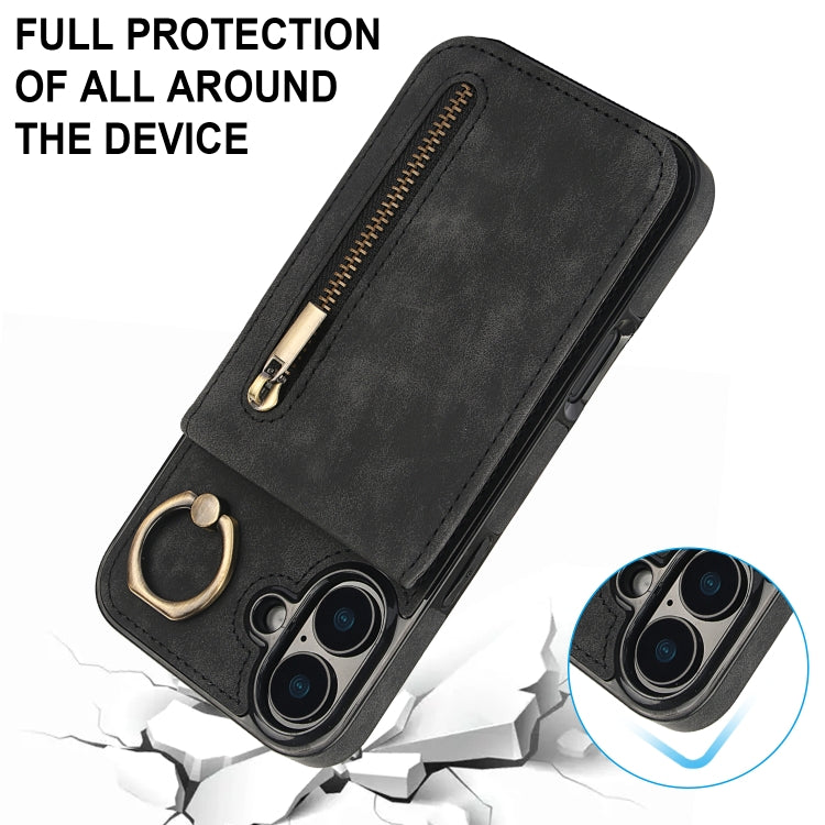 For iPhone 16 Plus Retro Ring and Zipper RFID Card Slot Phone Case(Black) - iPhone 16 Plus Cases by buy2fix | Online Shopping UK | buy2fix